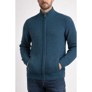 Peter Christian 100% Lambswool Zip Up Sweater Mens M Blue Ribbed Full Cardigan‎